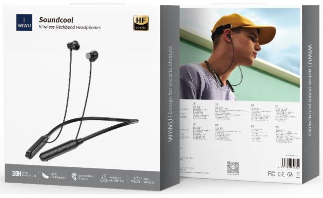 WiWU GB01 Flex Wireless Earphones, Bluetooth 4.2, HIFI Clear Voice, Long Life Battery, up to 30 Hours Music Time - Black